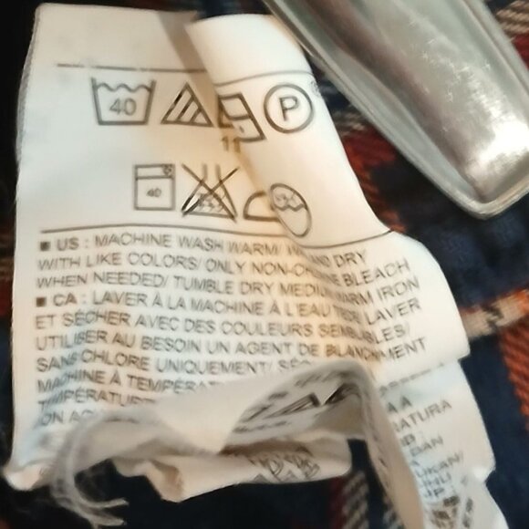 Old Navy Slim Fit Navy Blue Orange Plaid Flannel Button Up Shirt XXL 2X Pocket - Picture 6 of 7